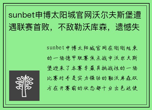 sunbet申博太阳城官网沃尔夫斯堡遭遇联赛首败，不敌勒沃库森，遗憾失利球迷心痛 - 副本